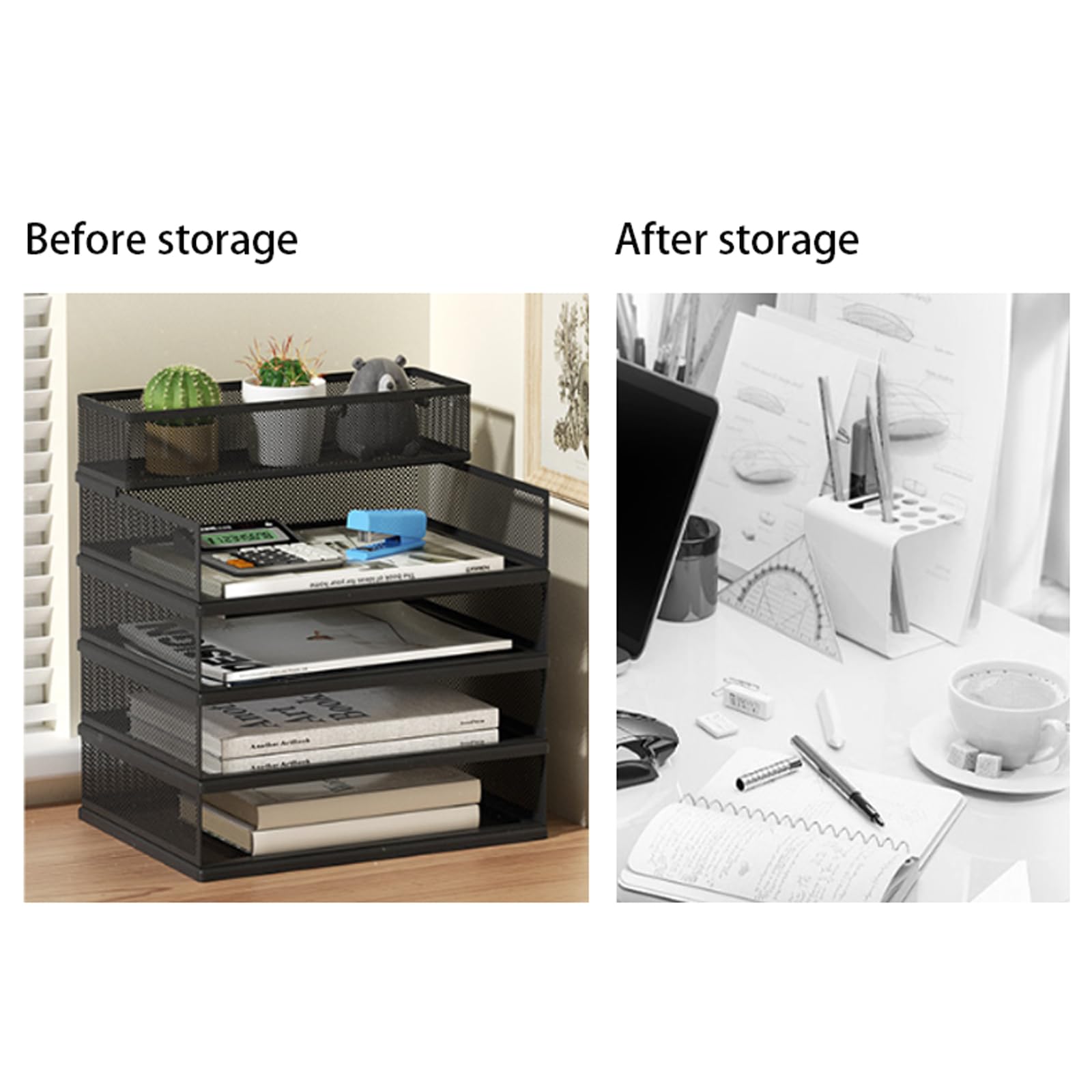 Organizador de escritorio de malla con bandeja de papel y múltiples compartimentos, soporte de suministros de almacenamiento de oficina y hogar para archivos de escritorio y cartas