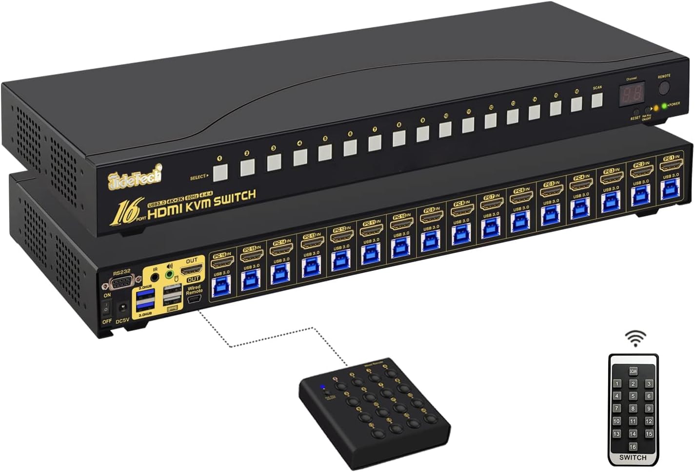 JideTech 16x1 HDMI USB KVM Switch 4K@60Hz with USB 3.0 Hub, Hotkey Switching, HDCP2.1 & Intelligent EDID — Multi System USB Peripheral Sharing for Office/Studio/IT Rack