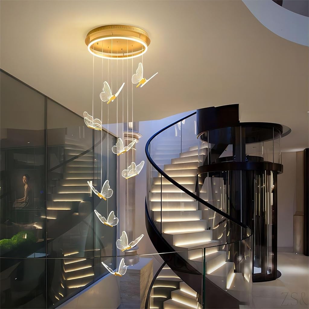 Lysdjia Dimmable Chandelier Modern Aluminum Led Large Staircase Pendant Light Acrylic Butterfly Hanging Lamp Height Adjustable High Ceiling Lighting Fixture Suitable For Living Room Villa Bedroom Foye