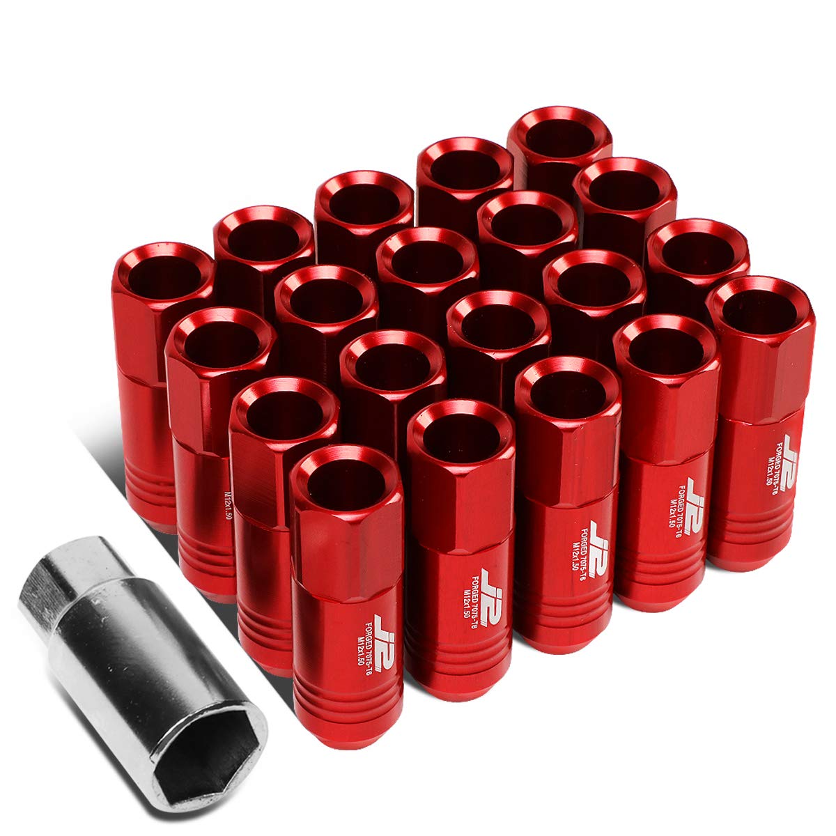 J2 Engineering 7075 Aluminum Red M12 x 1.5 20Pcs L: 60mm Open End Lug Nut w/Socket Adapter