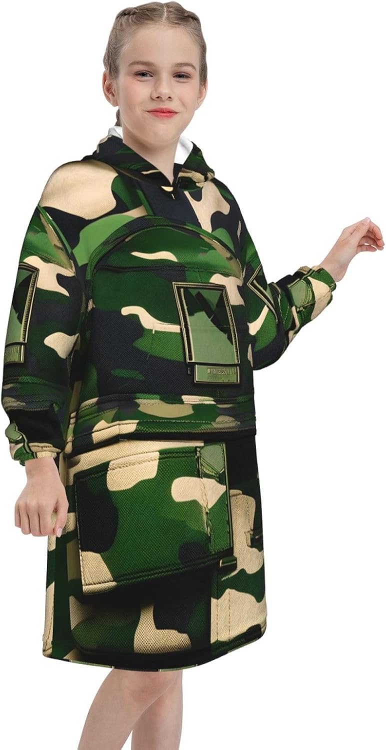 Green Army Digital Camouflage Print Oversized Blanket Hoodie, Wearable Blanket Hooded,Hooded Pullover With Pocket