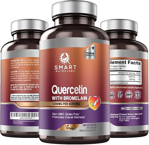 Smart Nutra Labs Quercetina con bromelina, 180 unidades, 1200 mg de porción, apoya la salud y la energía inmunológica, apta para veganos, sin OMG,