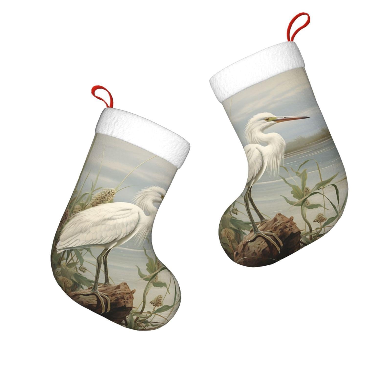 FodPand 17.7" Christmas Stocking 1 Piece, Swamp Egret Xmas Stockings with White Plush Cuff Fireplace Hanging Stocking for Christmas Holiday Party Decoration