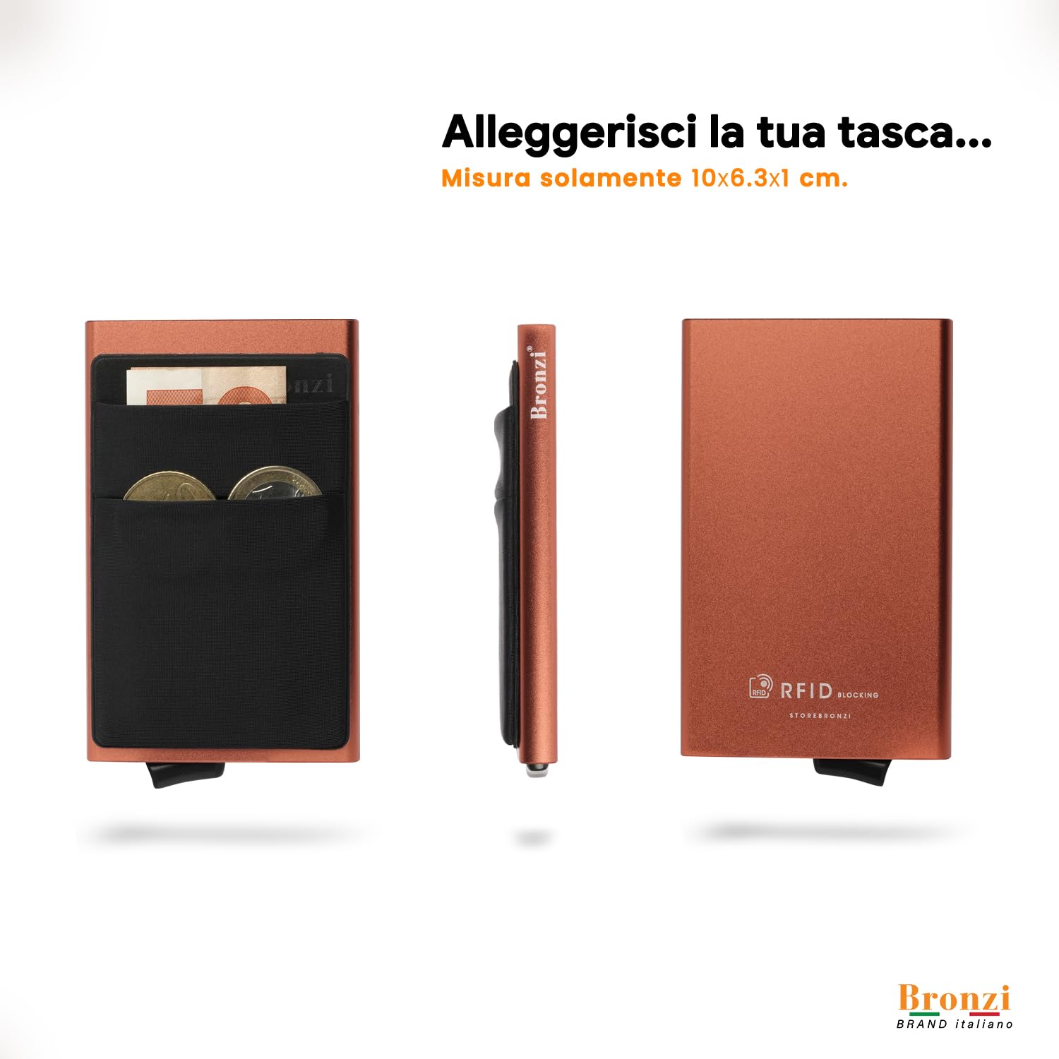 Bronzi® Portafoglio Porta badge Uomo Donna Slim Porta Carte Credito - Protezione RFID - Mini Portatessere tascabile smart schermato (Arancione-Nero)