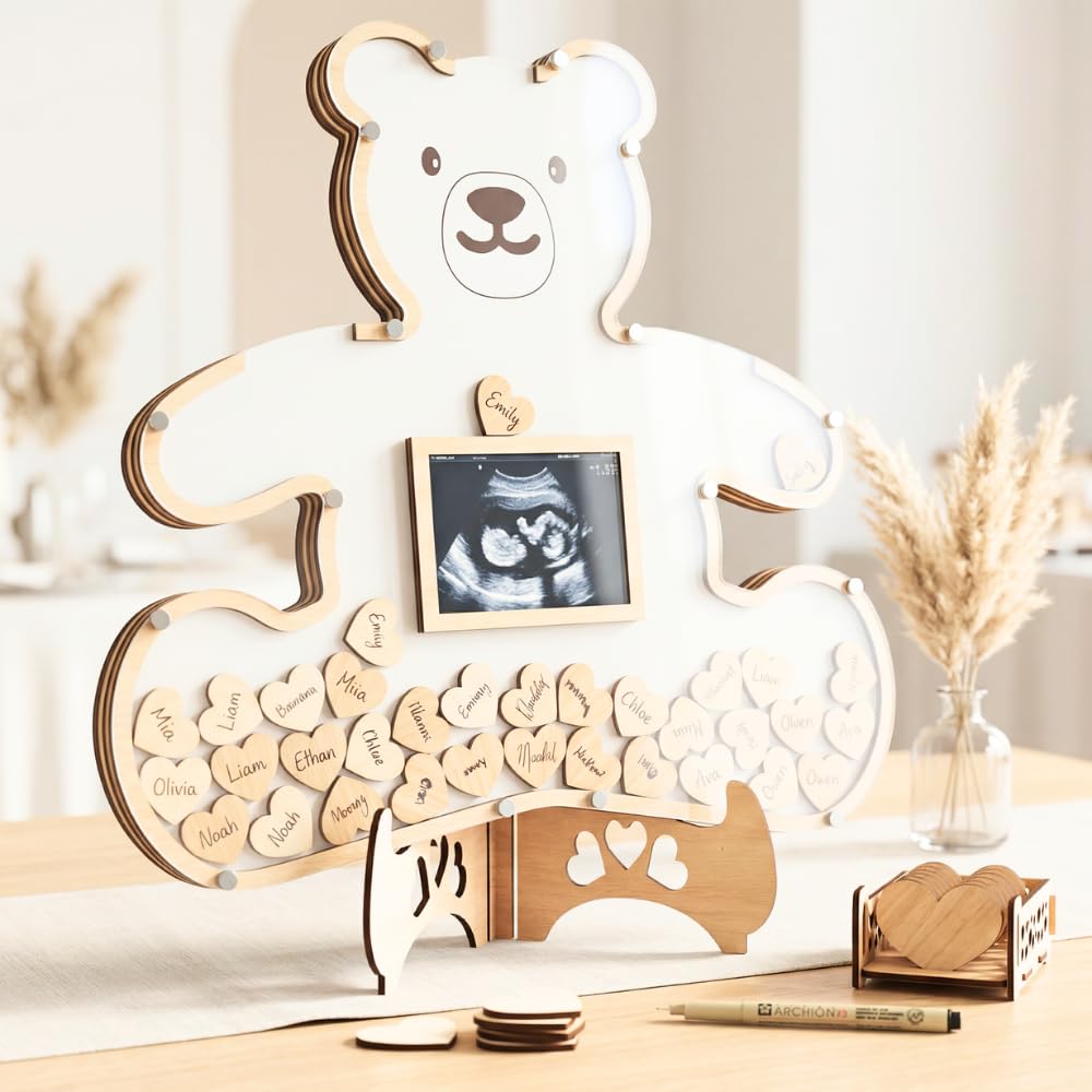 Alternativen zum Gästebuch Babyparty Babyparty-Dekorationen, Babyparty-Dekorationen, Teddybär-Tischdekoration, Ultraschall-Fotorahmen für Babyparty (Weiß)