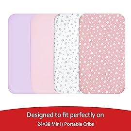 Mini Crib Sheets Fitted 4 Pack for Girls (38 X 24), Compatible with Dream on Me, Delta Porta Crib and Arms Reach Ideal Cosleeper, Pink