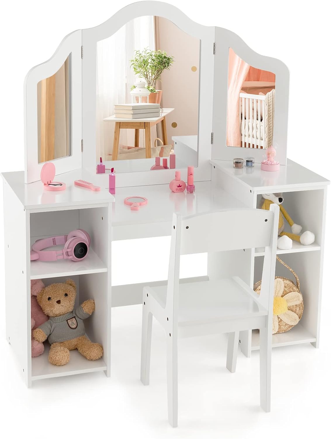 Juego de tocador 2 en 1 para niños con silla, mesa de maquillaje de madera para niñas, espejo extraíble, 4 cajones de almacenamiento, perfecto para decoración de sala de juegos y dormitorio