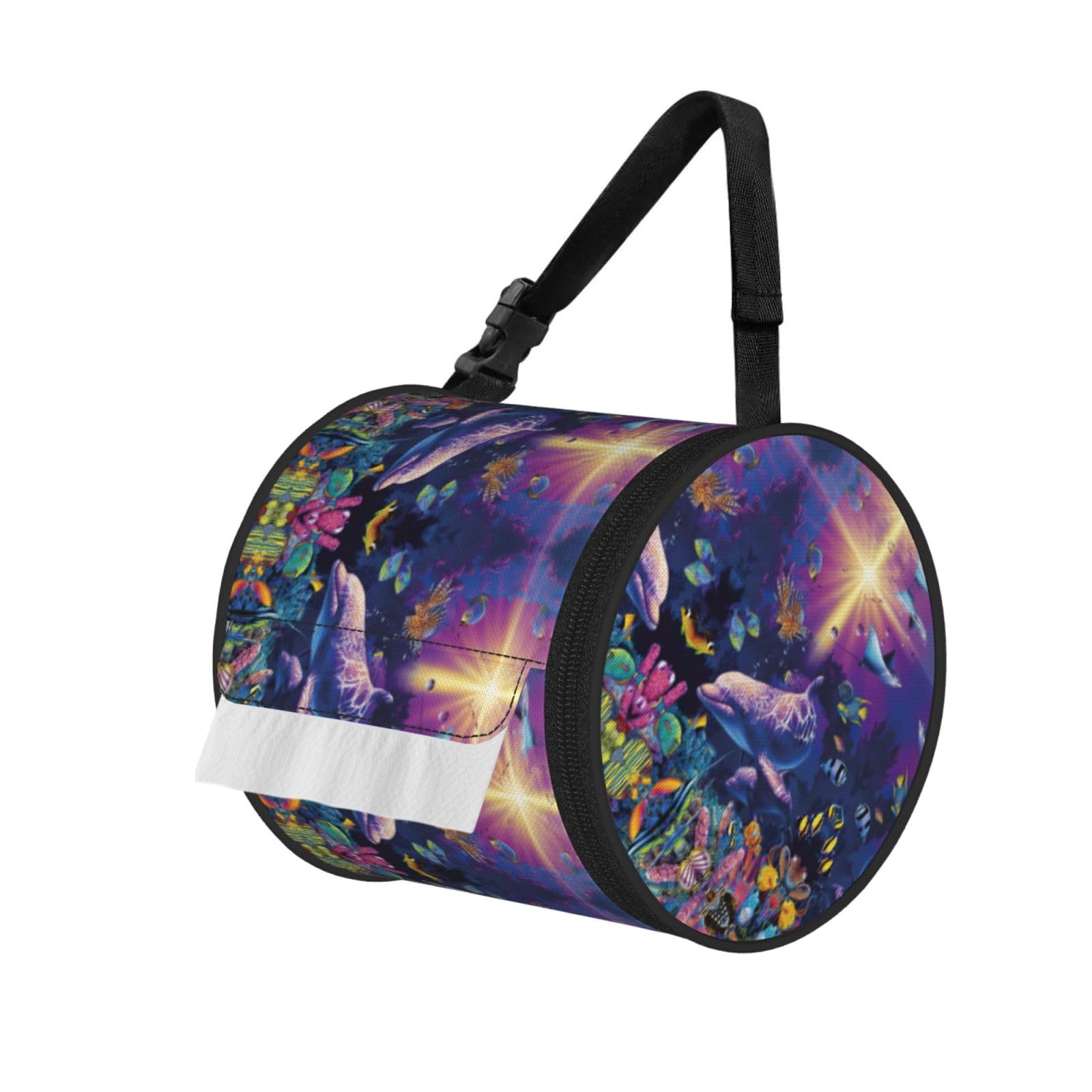 Jiuty Black Cute Dolphin Print Cylinder Tissue Organizer Bag With Strap, Portable Toilet Roll Holder For Camping Car