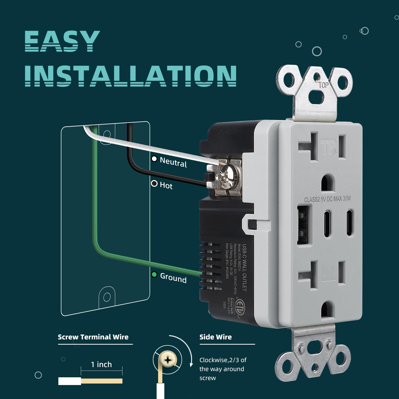 TOPELER Prese USB C, presa elettrica USB a 3 porte da 30 W 6,0 A con porte di tipo A e C, presa elettrica antimanomissione da 20 Amp, elencata ETL e FCC, piastra a parete senza viti inclusa, grigio