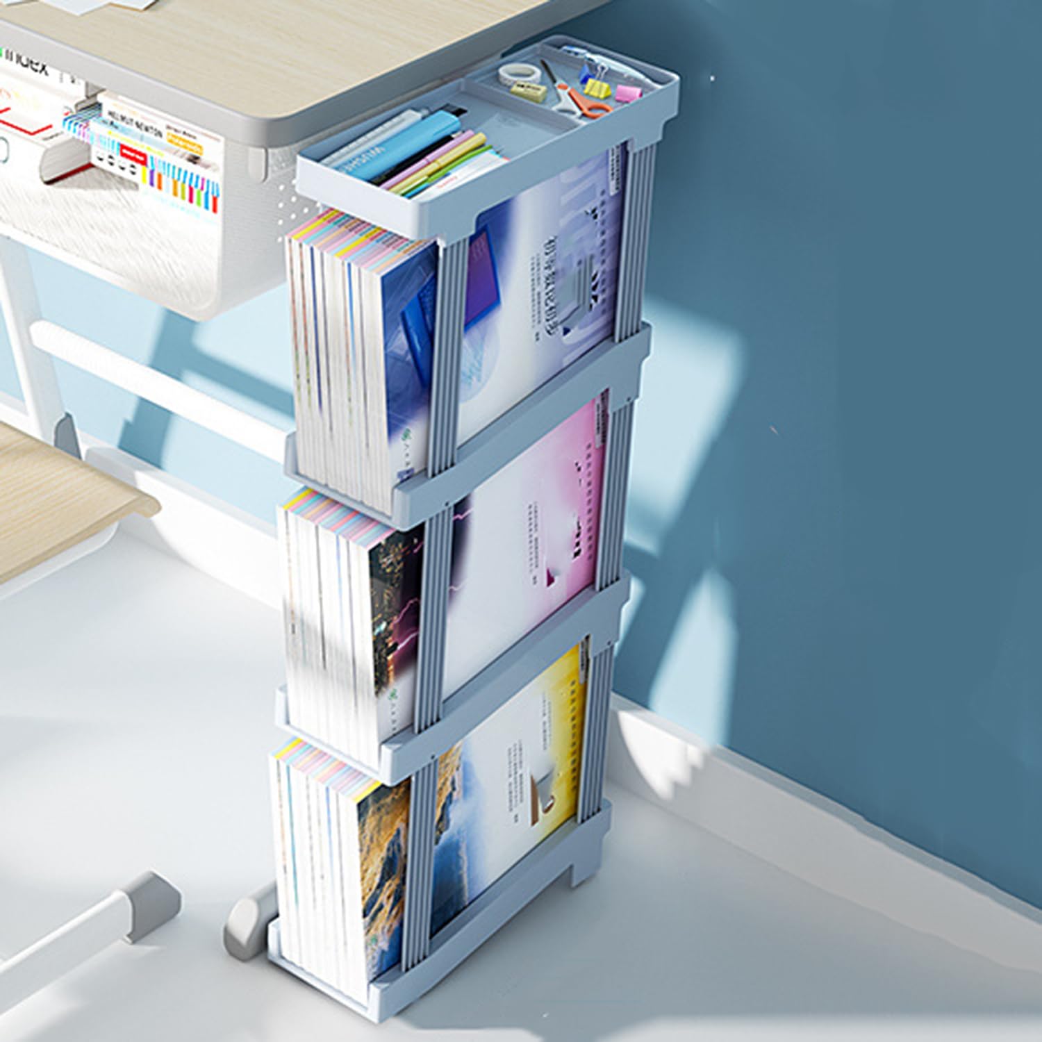 TUOYIBO Book cart3 Tier Book Rack Storage Bookshelf, Removable Movable Unique Bookcase, Utility Organizer White Bookshelves for Kids Children Students Study in Bedroom Living Room Home School,Blue,n