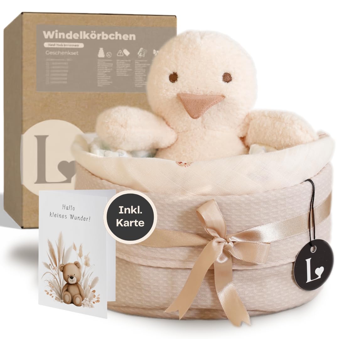 Baby Geschenkkorb zur Geburt – Windeltorte neutral mit Kuscheltier Ente, Spucktuch & Karte, Baby Willkommensgeschenk Junge & Mädchen, Handmade Erstausstattung Set & Wickeltisch Organizer