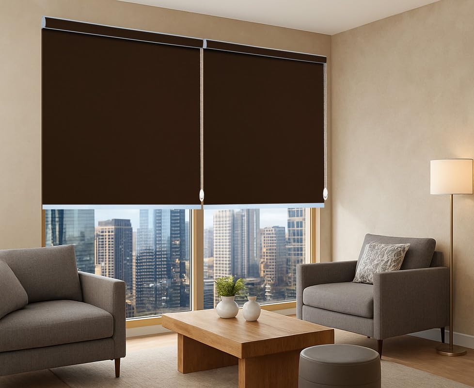 Image of Waterproof Roller Blinds Pelmet with Child Safety Clips Protect from Rain & Sun Corded Roll Up Blind Curtain for Home & Office(Coffee Color 3X4.5 Feet, Pack of 1 Piece)