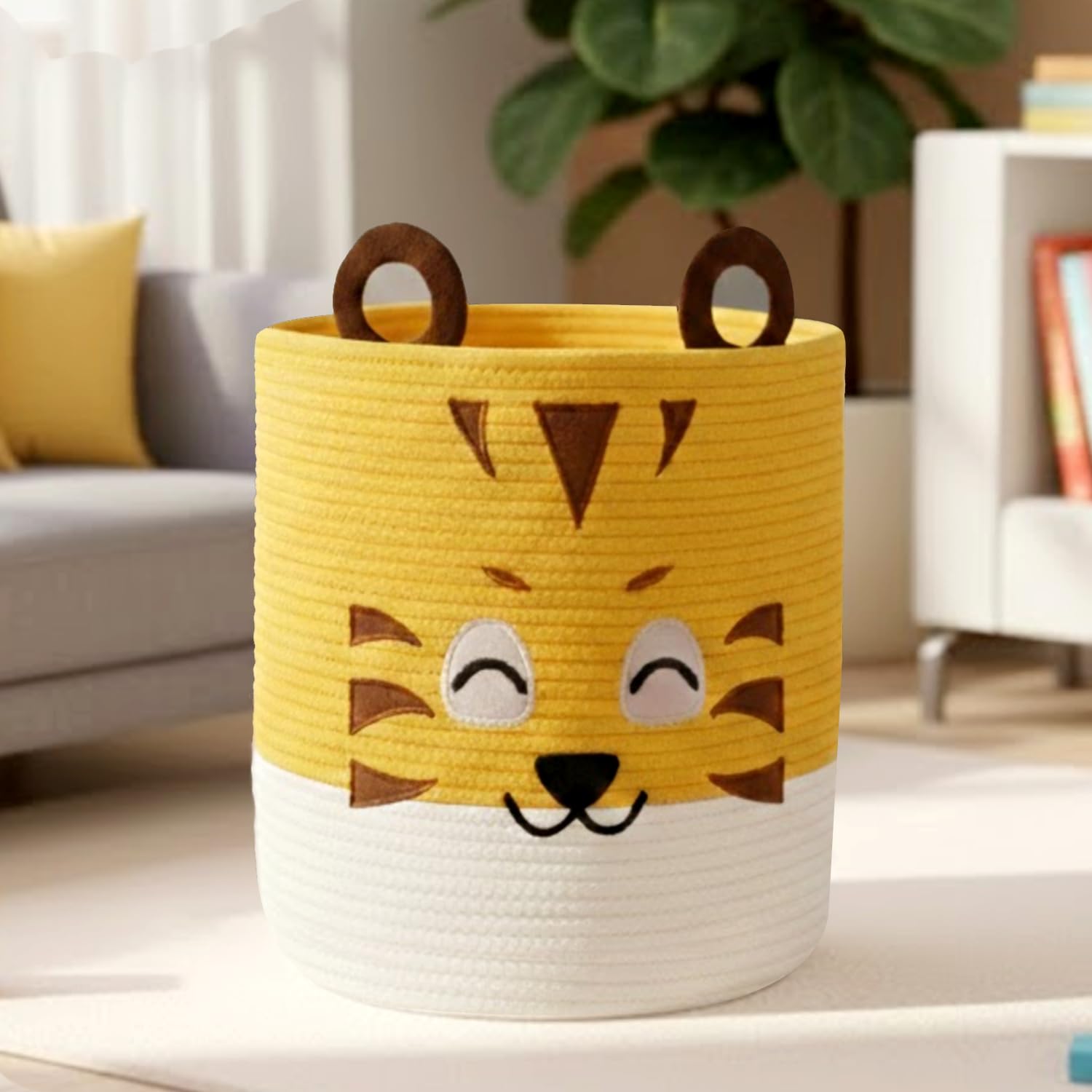 Laundry Basket for Kids, 14" x 12" Woven Cotton Rope Laundry Hamper, Foldable Toy Storage Basket with Animal Face Design & Cutout Handles, Baby Nursery Storage Bin, Nursery Decor Gift (Tiger)
