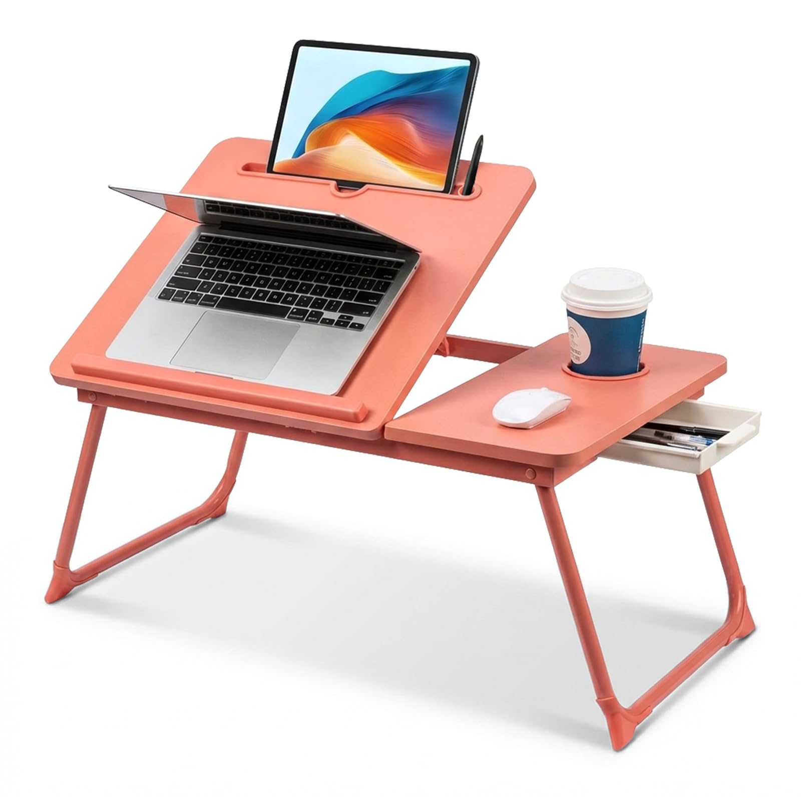 LN Cozy CORNE Foldable Laptop Desk, Height Adjustable Laptop Table with Cup Holder & Reading Holder, Portable Bed Tray Table for Sofa Bed Floor Suitable for Reading Working (Pink, Upgraded)