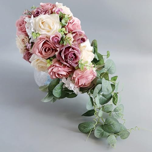 Miniatura 7 de Ramos de boda para novia, raíz de loto de 8.7 pulgadas, flores de rosas rosas, gotas de agua, ramo de lanzamiento artificial, para boda, al aire