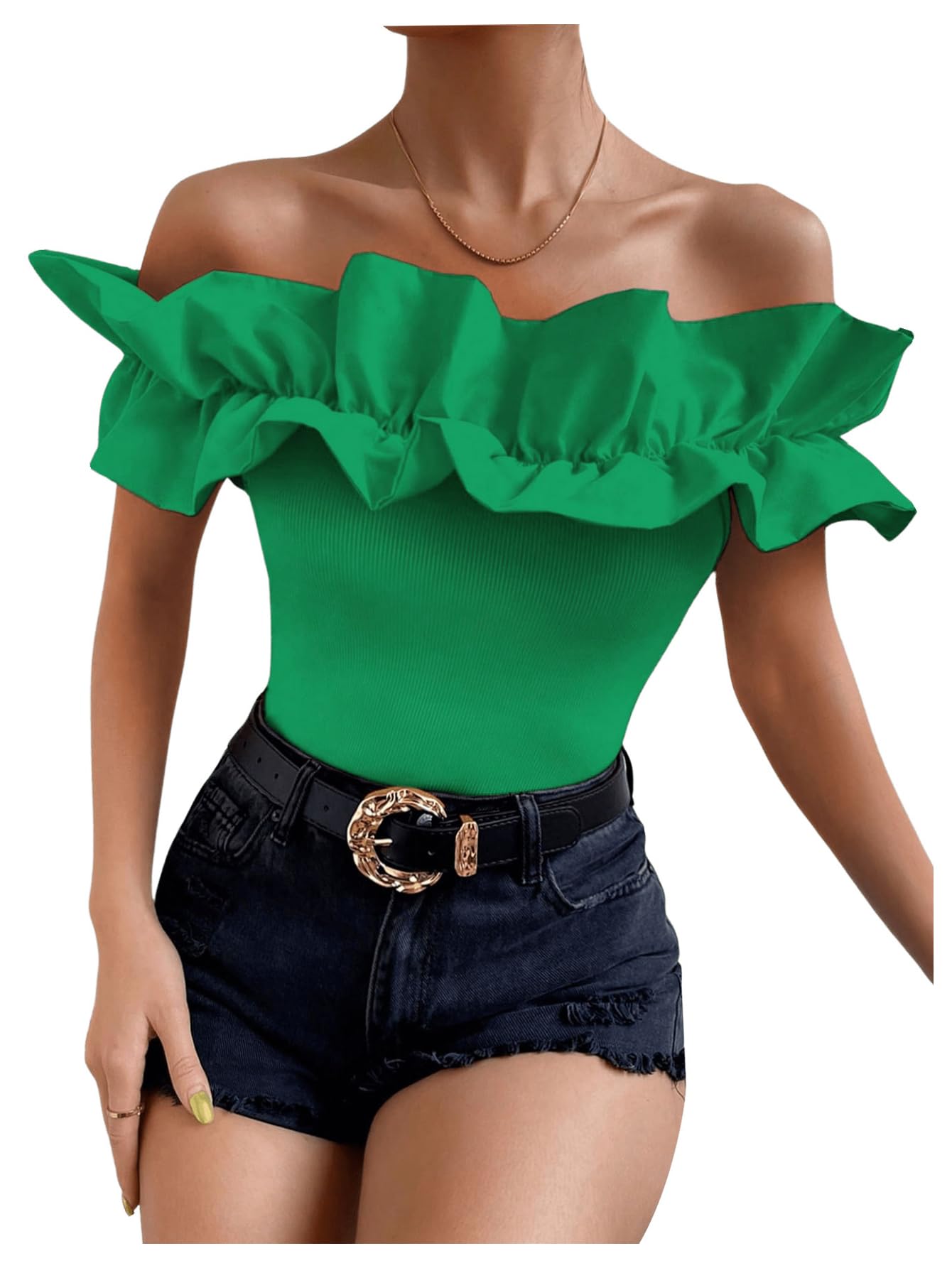 OYOANGLE Women's Ruffle Trim Off Shoulder Short Sleeve Blouse Party Tops Shirt
