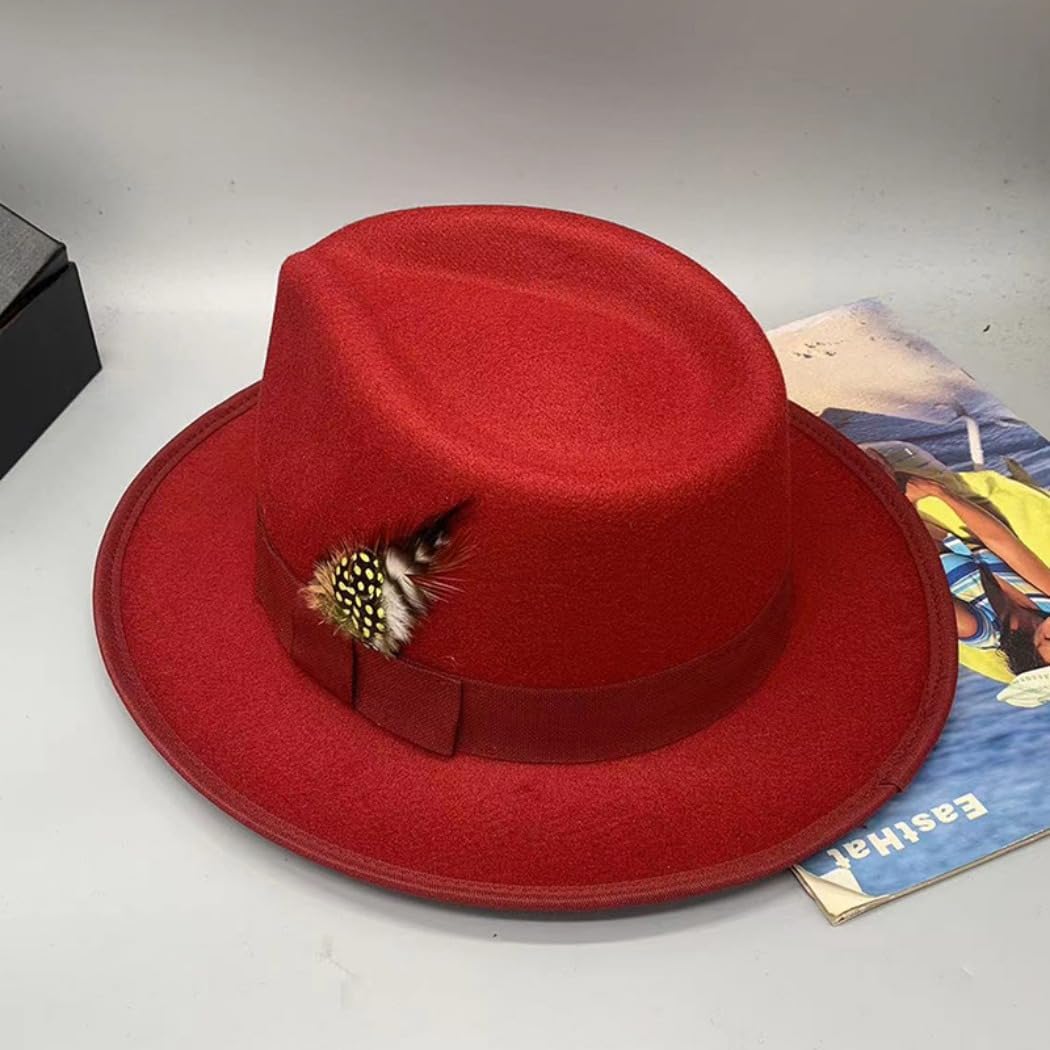 Classic Black Fedora Hat with Feather Accent, Wide Brim, Wool Felt (Burgundy,One Size)