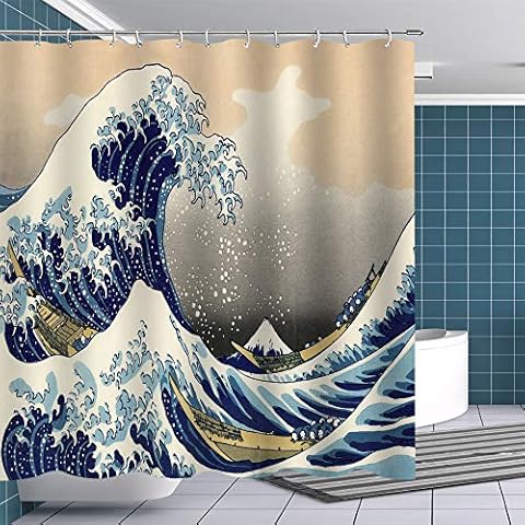 Fuortia Hokusai Great Wave Shower Curtain Fabric Ocean Boat Japan Mount Fuji Shower Curtains Sets with Hooks Art Shower Curtain Boys Bathroom Decor Artwork Printed Curtains Tapestry 70x70 Inches Cover