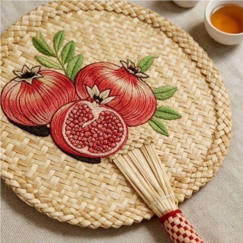 Handwoven Straw Hand Fan with Pomegranate Embroidery Chinese Handheld Tassel for Cooling Home Decor
