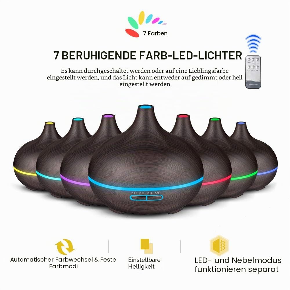 400ML Luftbefeuchter für Schlafzimmer Elektrischer Aromatherapie-Befeuchter im Holzmaserung mit 7-farbigem LED-Licht Leise Aroma Diffuser Wasserlose Auto-Off Duftöldiffusoren (Schwarz)