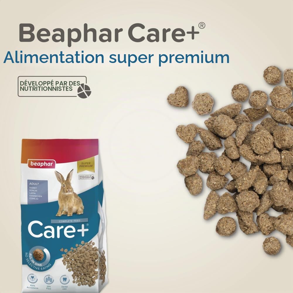 BEAPHAR – CARE+ – Alimentation Super Premium extrudée pour lapin junior – 25% de fibres – Appétent, sans sucre ajouté ni colorant – Haute digestibilité – Participe à l’usure naturelle de dents – 10 kg
