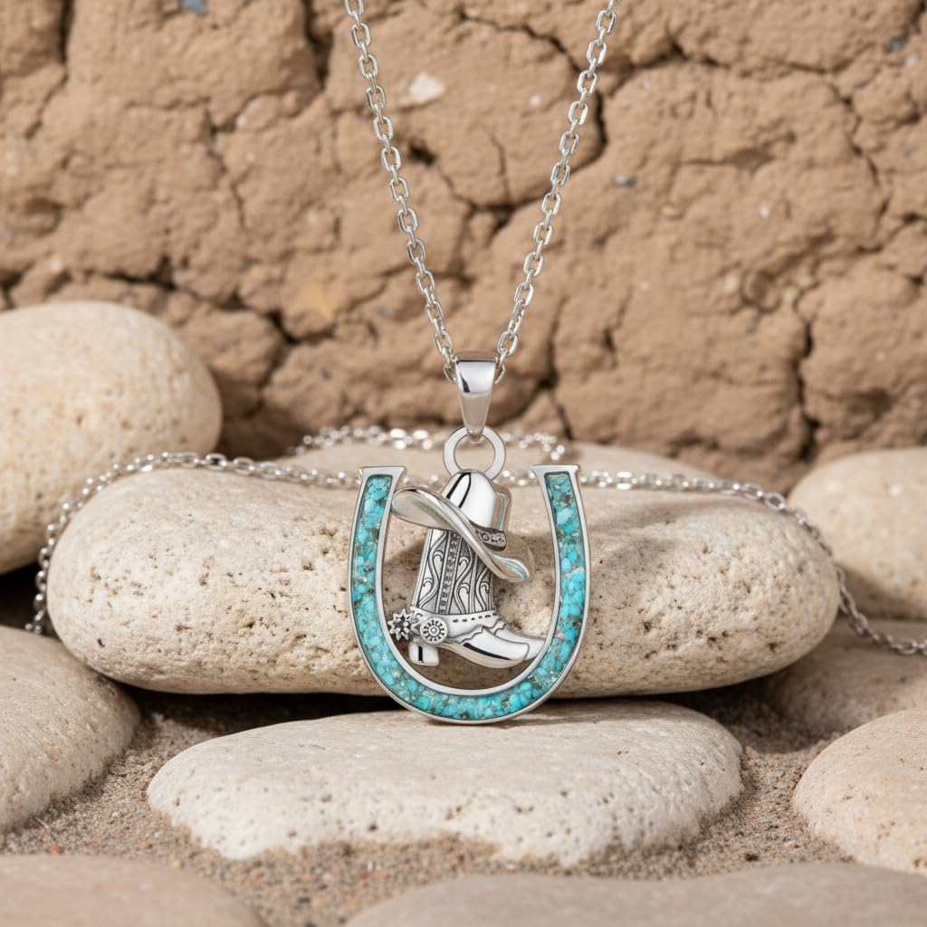 ONEFINITY Horseshoe Necklace Western Cowboy Boot Horseshoe Turquoise Pendant Necklace Turquoise Western Country Jewelry Gifts for Women Cowgirl