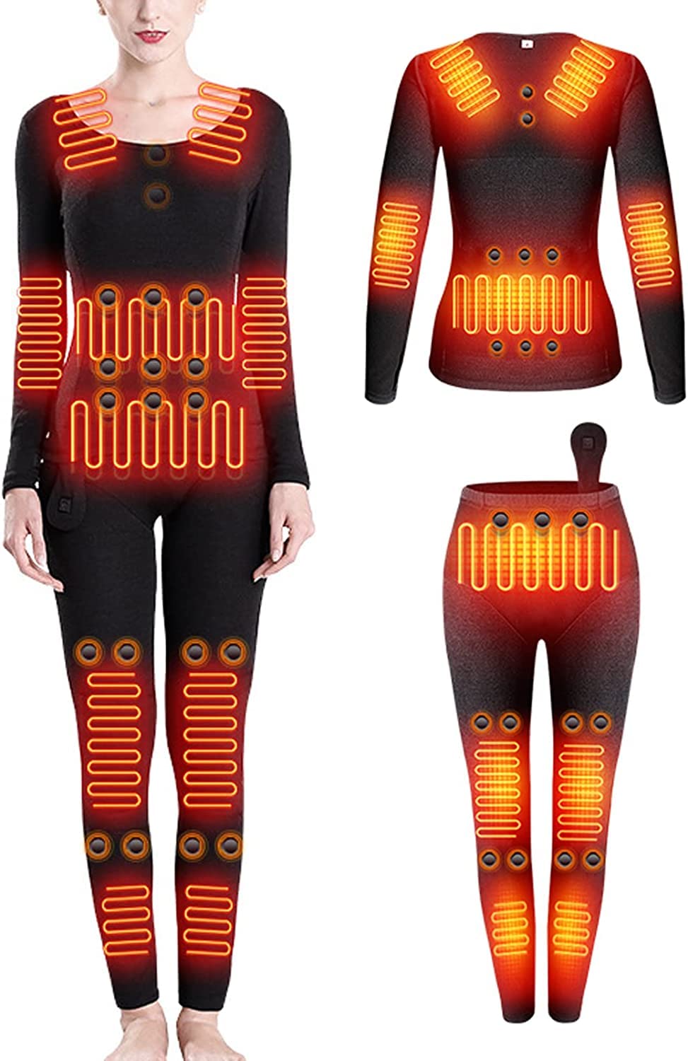 Męska damska bielizna termiczna z 3 poziomami ogrzewania, warstwa podstawowa Narciarstwo Zimowe ciepłe górne i dolne pranie (Color : Women Black, Size : XXL-XXLarge)
