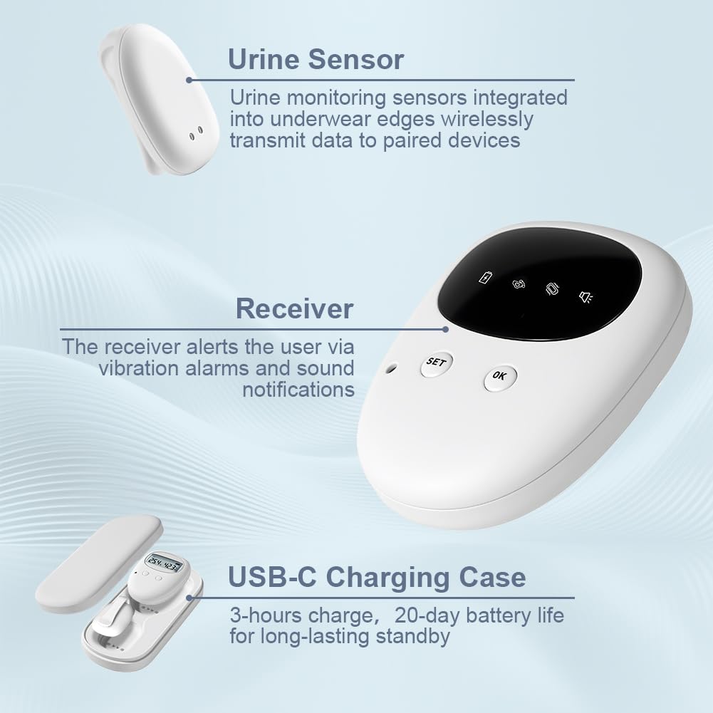 OFFCUP Alarma InaláMbrica para Enuresis, Carga USB, Inalámbrica Enuresis Alarma con 3 Modos, Vibración, Sonido, Vibración y Sonido, para Niños, Adolescentes y Personas Mayores (Pantalla Negra)