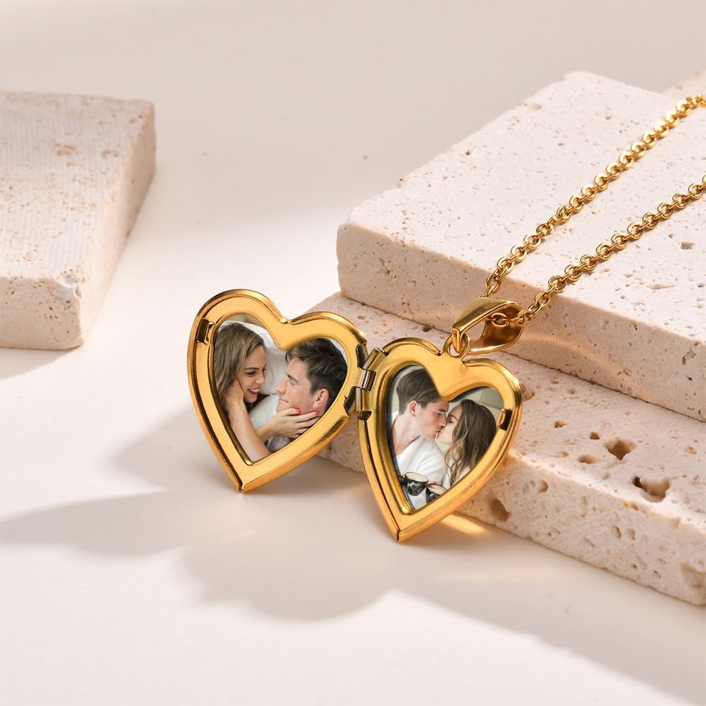 Personalized Heart Locket Necklace Custom with 2 Photos Memorial Gift for Her Girlfriend Wife Women Valentine's Day