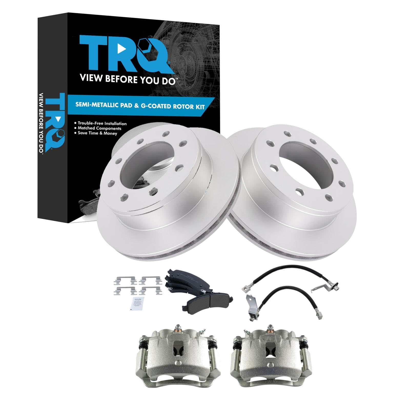 TRQ Rear Brake Pad &amp; Rotor Kit Semi-Metallic Premium G-Coated Compatible with 2003-2013 Chevrolet Express 3500 2003-2012 GMC Savana 3500