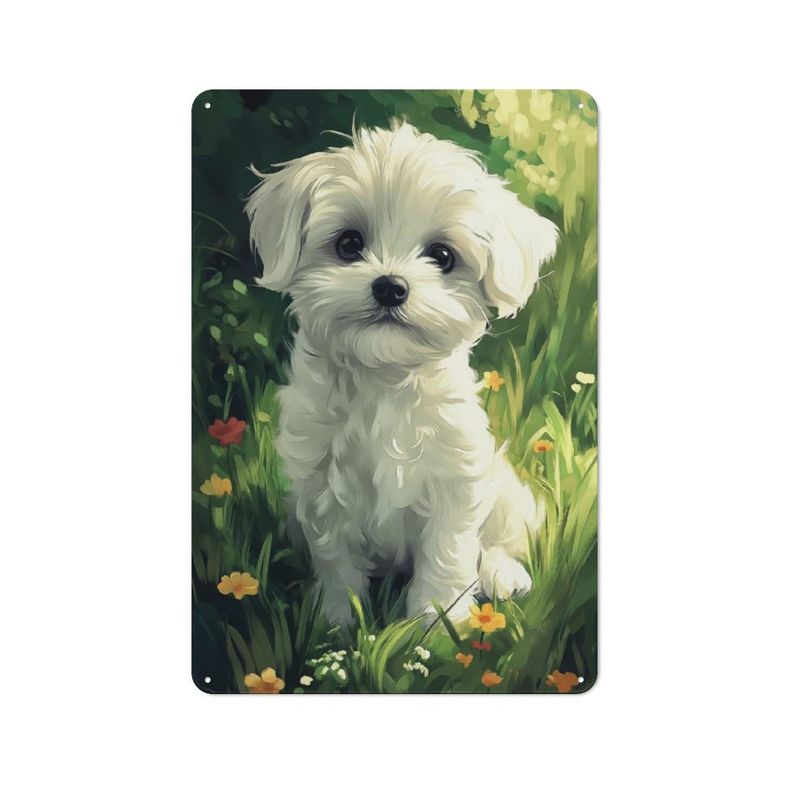 Junmoney Style-23 Maltese Dog Puppy In Flowers Printed Metal Sign 30X20cm For Lounge Or Reading Corner, For Retro Home Interiors, For Garage And Workshop Walls