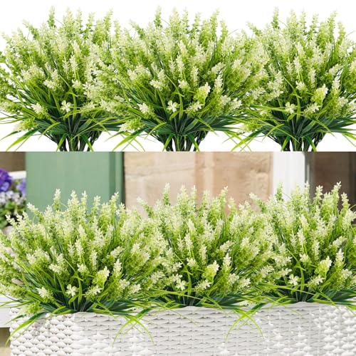 Artificial Plants for Outdoors, 10 Bundles Fake Monkey Grass with White Spring Flowers, Faux Plants Outdoor UV Resistant Realistic Greenery for Garden Window Patio Hanging Porch Home Decoration