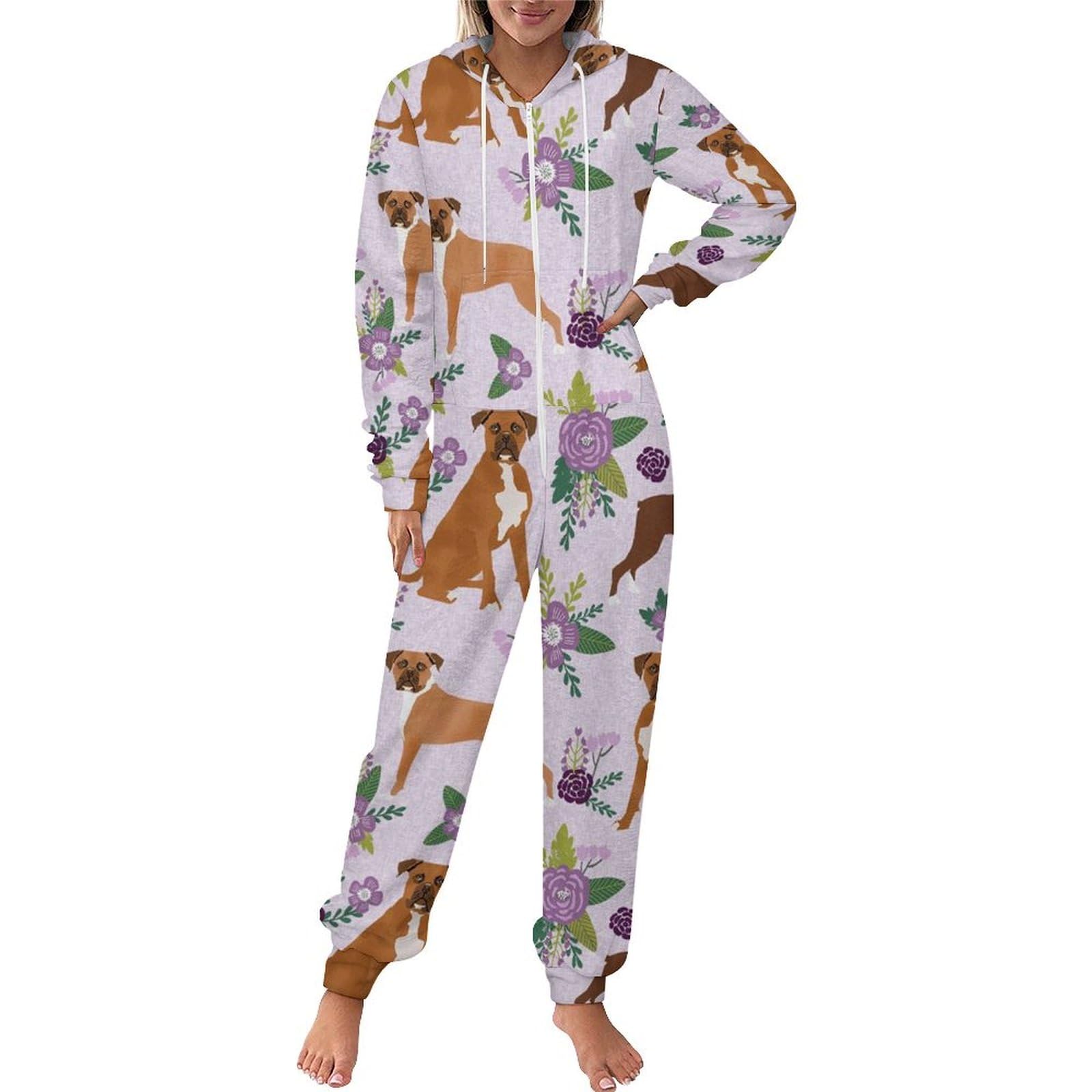 Boxer-Pyjama für Herren, Einteiler, Flanell, langärmelig, mit Blumenmuster