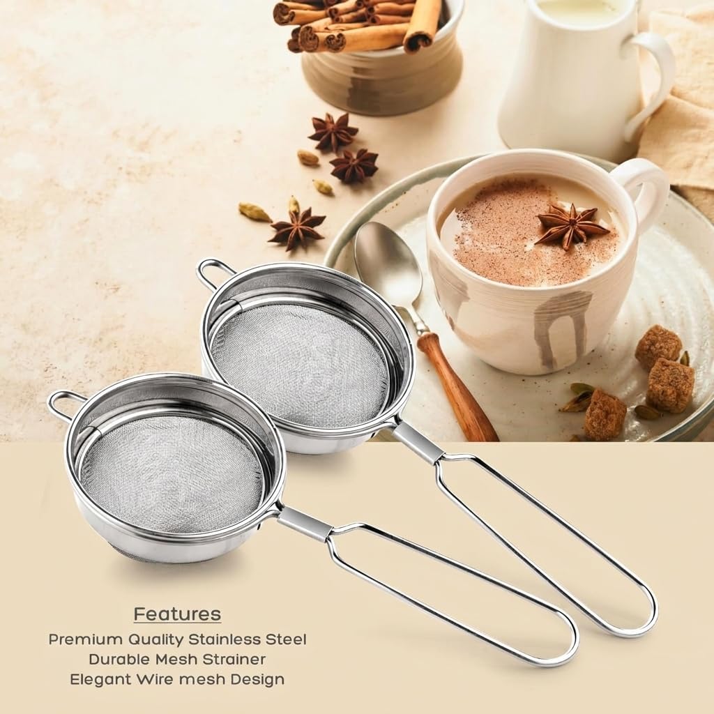 Stainless Steel Tea Strainer Set of 3 (8 cm) Fine Mesh Chai Chhalni β Tea & Coffee Filter, Juice and Oil Strainer with Durable Handle, Rust Proof Kitchen Strainer for Smooth Brewing 3