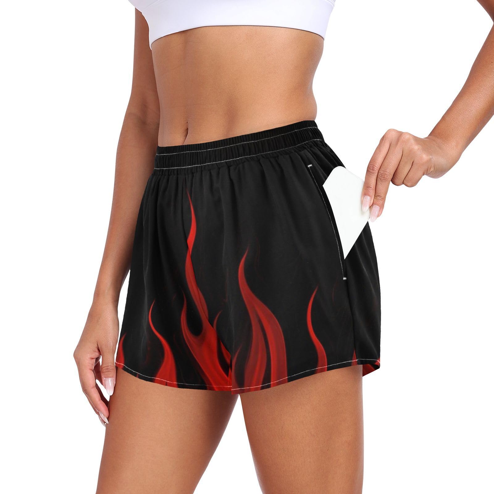 EtherSpher Black Fluorescent Cool Flame Red Women Athletic Shorts Loose&Comfy Girls Training Shorts for Running Walking Workout Beach Lounge Athletic Dress for Women Separate Shorts L