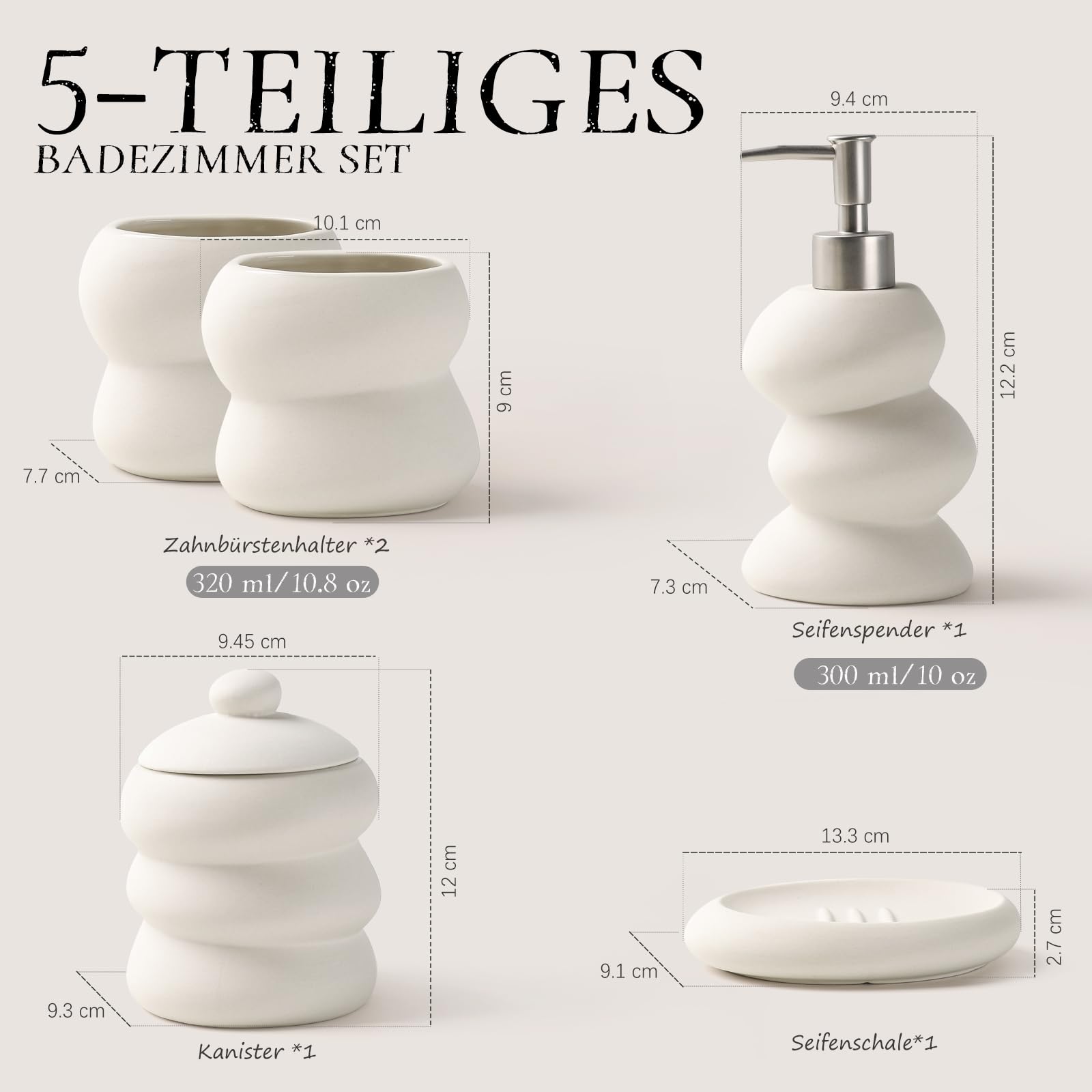 ANTIS'S HOME Keramik Badezimmer Set 5-teilig – Beige, Unregelmäßige Form, Minimalistisches Bad-Accessoires Set mit Seifenspender, Zahnputzbecher, Seifenschale & Wattestäbchenbehälter für modernes Bad