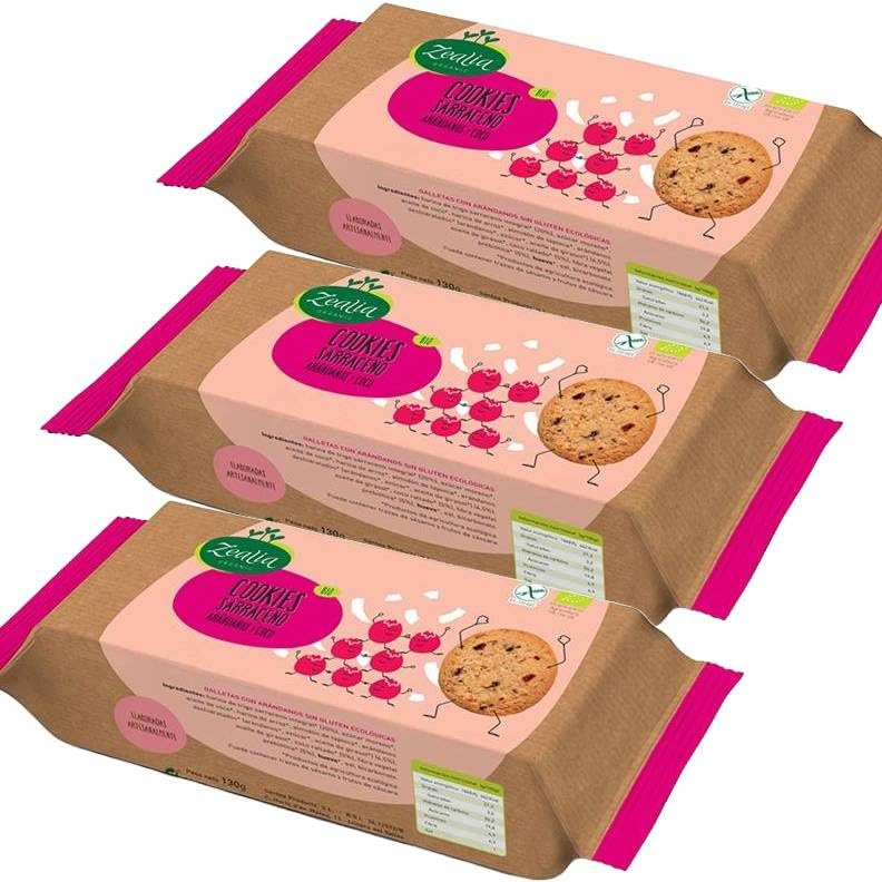 Pack 3x Cookies de Sarraceno con Arándanos y Coco Bio 130g | Zealia | Galletas Ecológicas Sin Gluten | Apto para Celiacos
