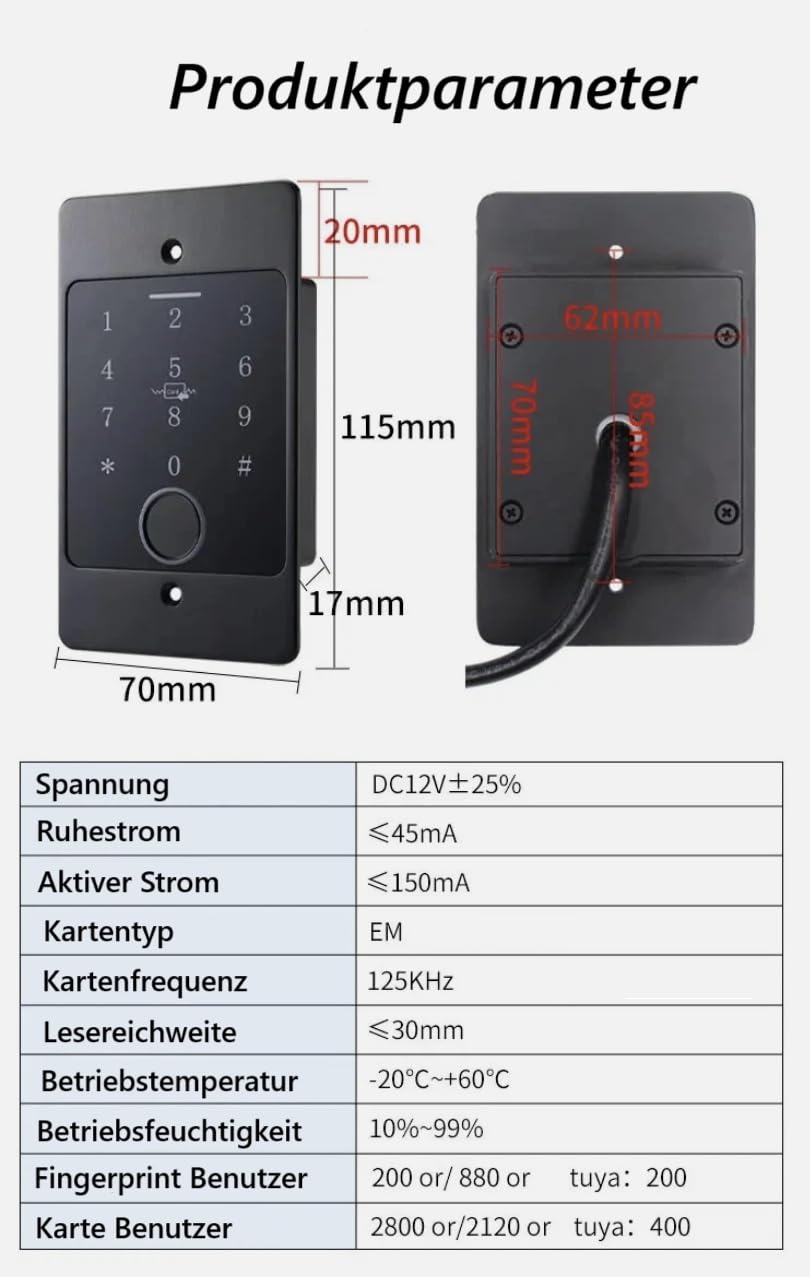 MATHFEL Smart Lock Zugangssystem mit Fingerabdruck & RFID – Elektronisches Türschloss für Haustür, IP66, Code & Transponder, Elektrisches Türschloss Außen, Automatisches Smartes Türschloss (Unterputz)
