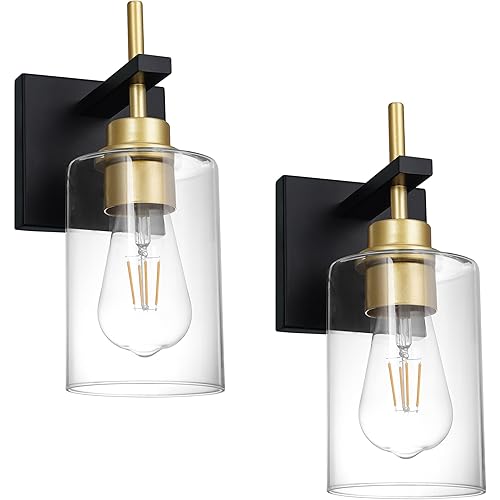 DSMJFU Black and Gold Wall Sconces Set of Two, Bathroom Sconce Wall Lighting Set of 2,Modern Glass Bathroom Wall Light, Wall Mounted Light for Bedroom Living Room Hallway