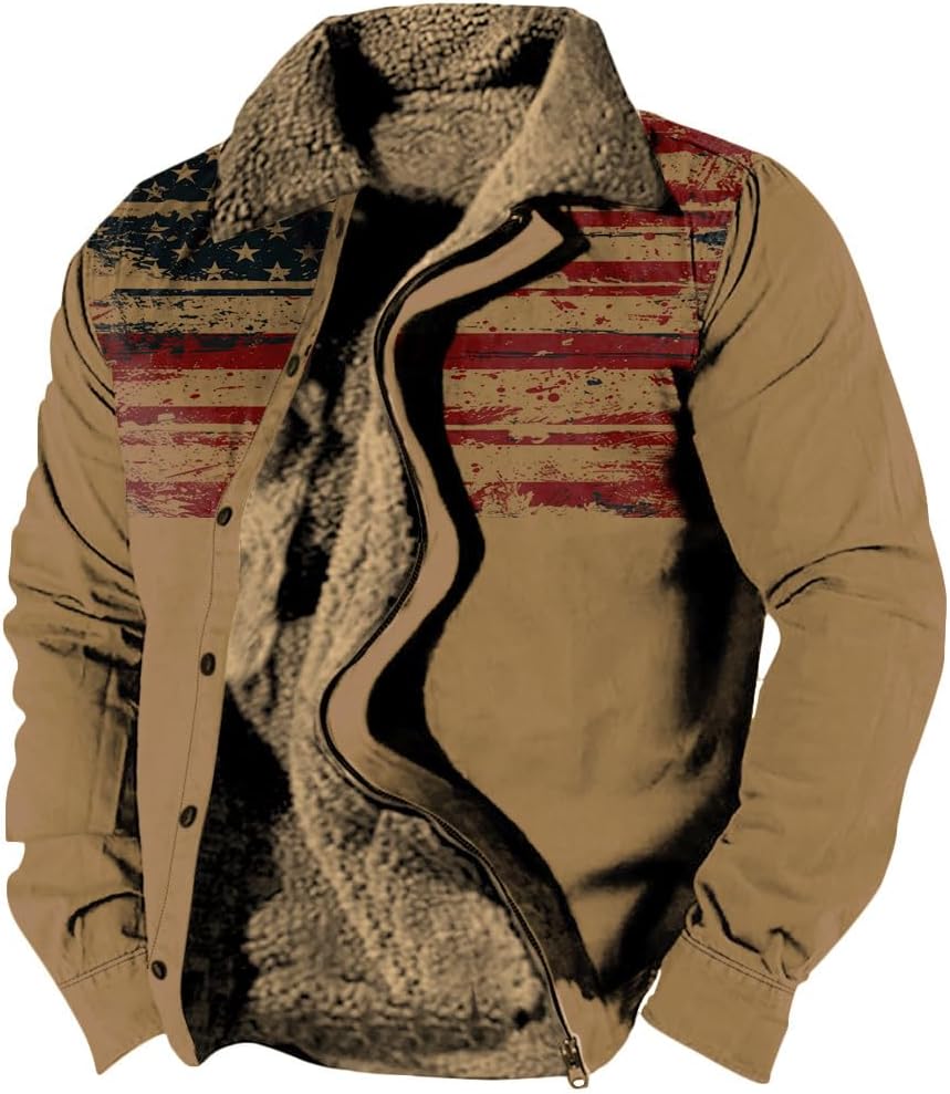 Vintage Washed Checkered Print Graphic Jacket Men's Autumn/Winter Lapel Zipper Fleece Lined Soft Coat Jacket