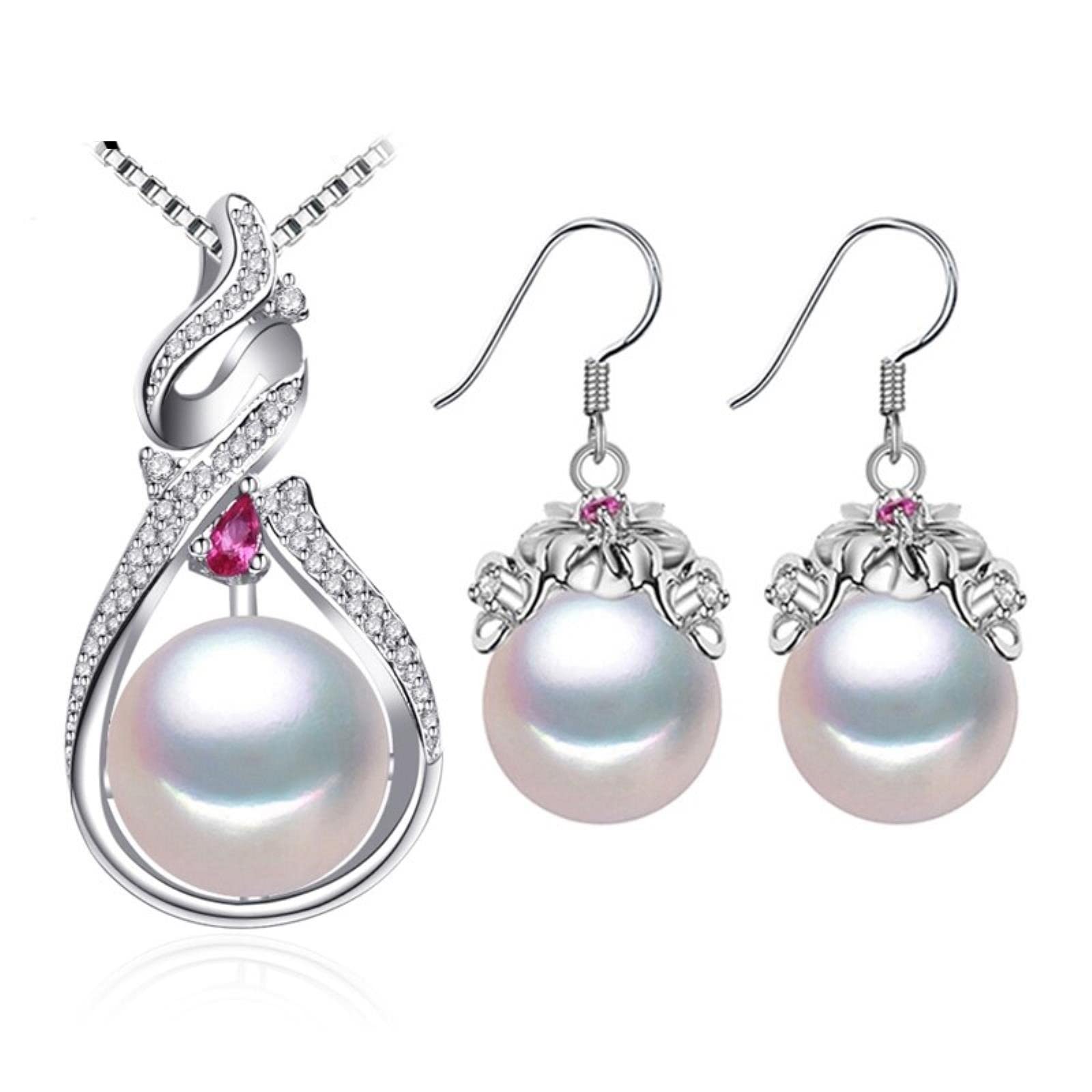 Conjuntos De Joyería De Plata De Ley 925, Pendientes De Perlas Naturales, Pendientes De Tuerca De Flor Bohemia, Collares Con Colgante De Rubí Para Mujer