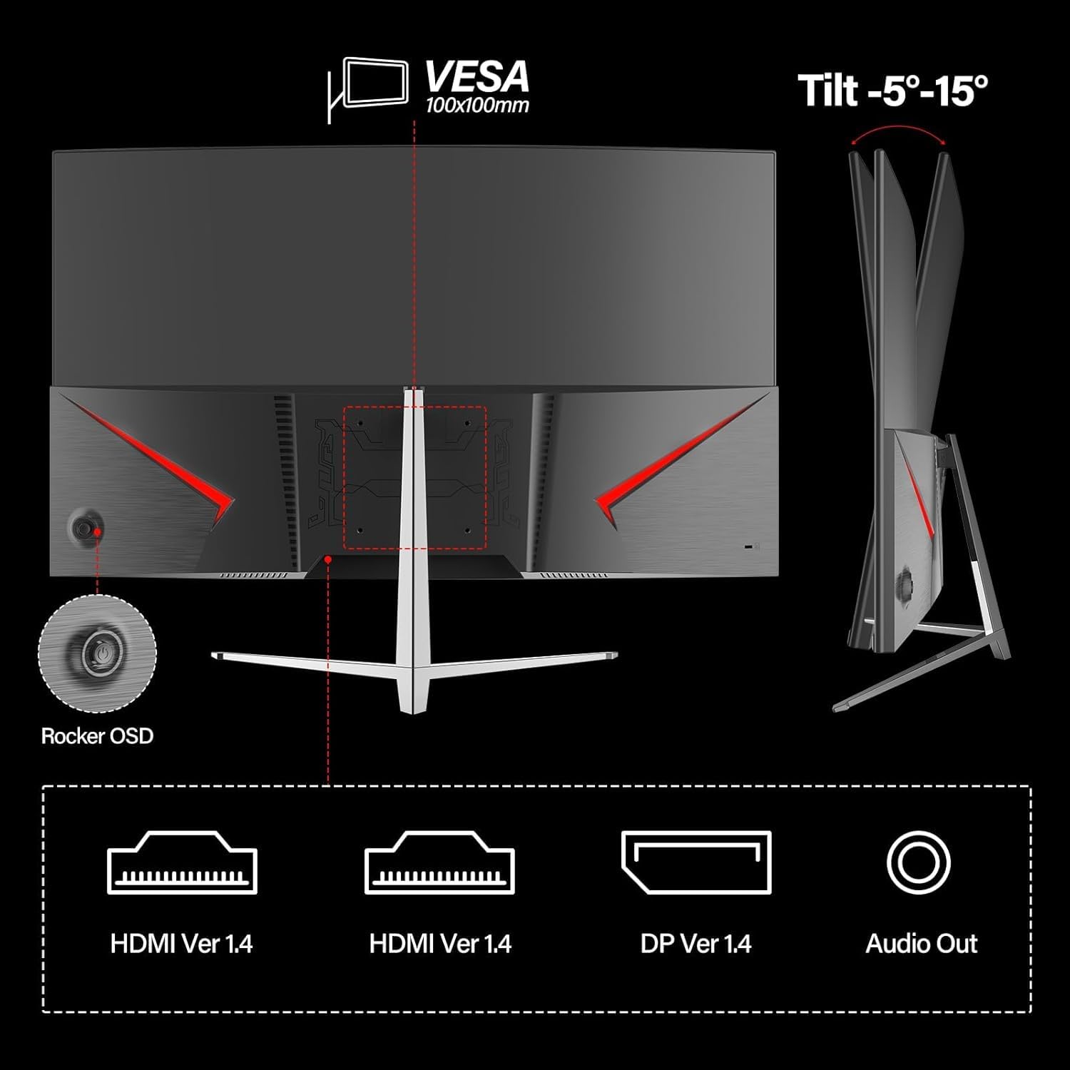 CRUA Ecran PC Gaming Incurvé 32 Pouces 2K (2560x1440p) 165Hz 144Hz,1 ms, Panneau VA, 1500R, sRGB 120%, DCI-P3 90%, Adaptive-Sync, Ultra-Thin Frameless HDMI,DP,VESA