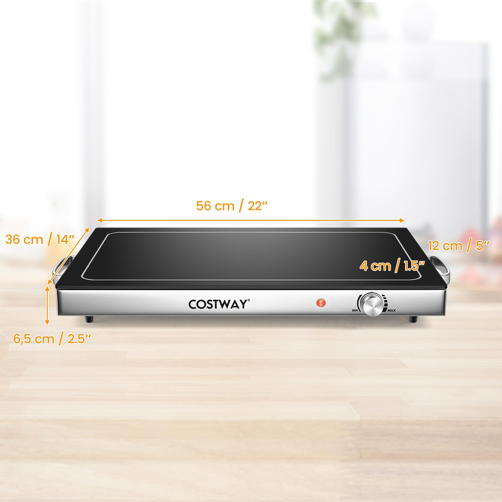 COSTWAY Calentador de Alimentos, Servidor de Buffet, Bandeja de Acero Inoxidable, Calentador de Comida con Tapa de Vidrio Resistente, Calentador de Platos, 300W, Temperatura Ajustable