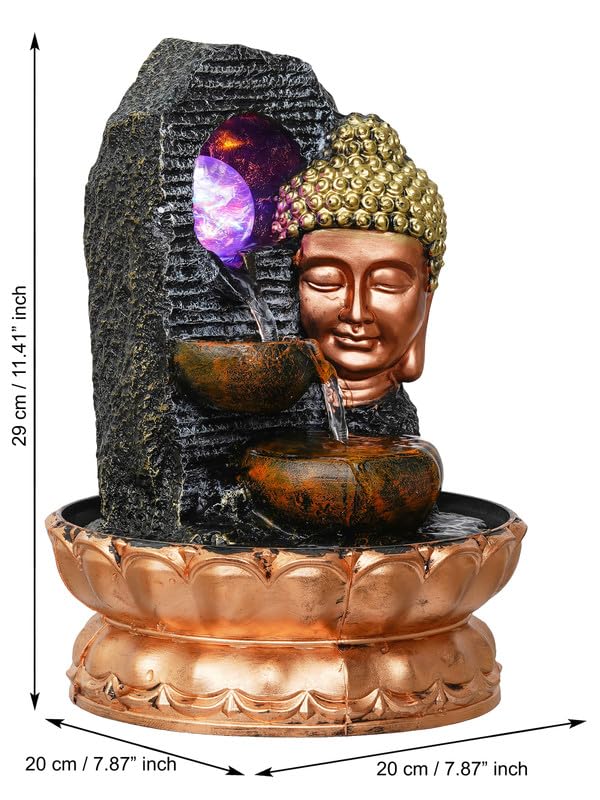 Image of Golden Brown Polyresin Tabletop Side Face Buddha Indoor Water Fountain for Home Decor with Multi LED, Speed Control Pump and Crystal Ball (Size: 20 x 22 x 29 CM | Weight: 1120 Gram)