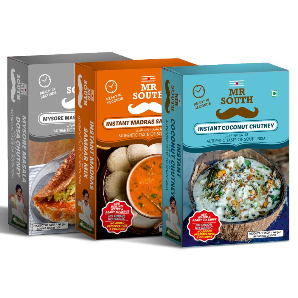 Mr South Instant Sambar, Idli & Coconut Chutney Powder | 80G -Pack Of 3 | Just Add Boiling Water | No onion & Garlic | Ready-In-Seconds | No Preservatives or Additives| No Artificial Colors