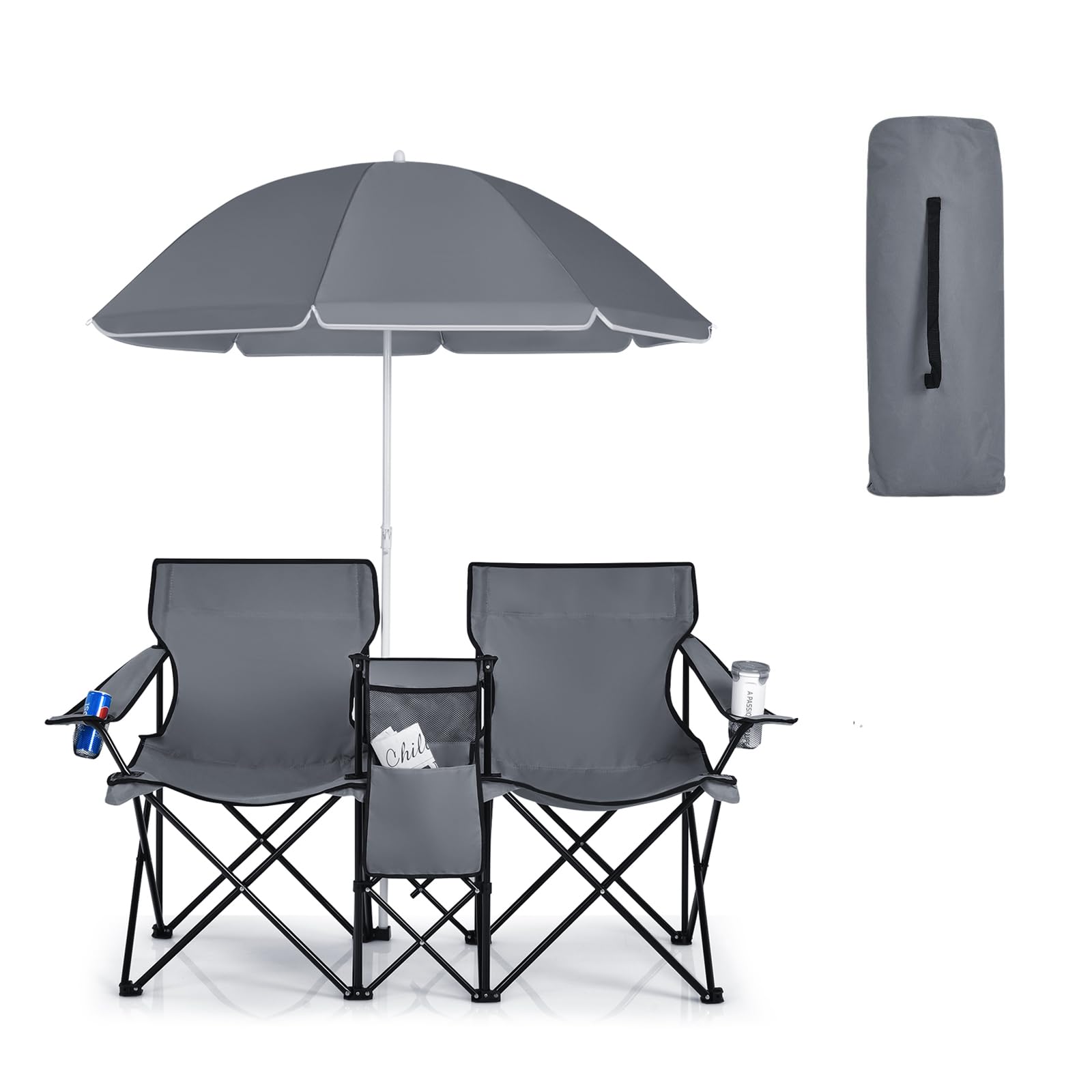 CHEFJOY Double Camping Chair, 2-Person Portable Beach Chair w/Removable Umbrella, Cup Holders & Carrying Bag, Folding Loveseat Chairs for Adults