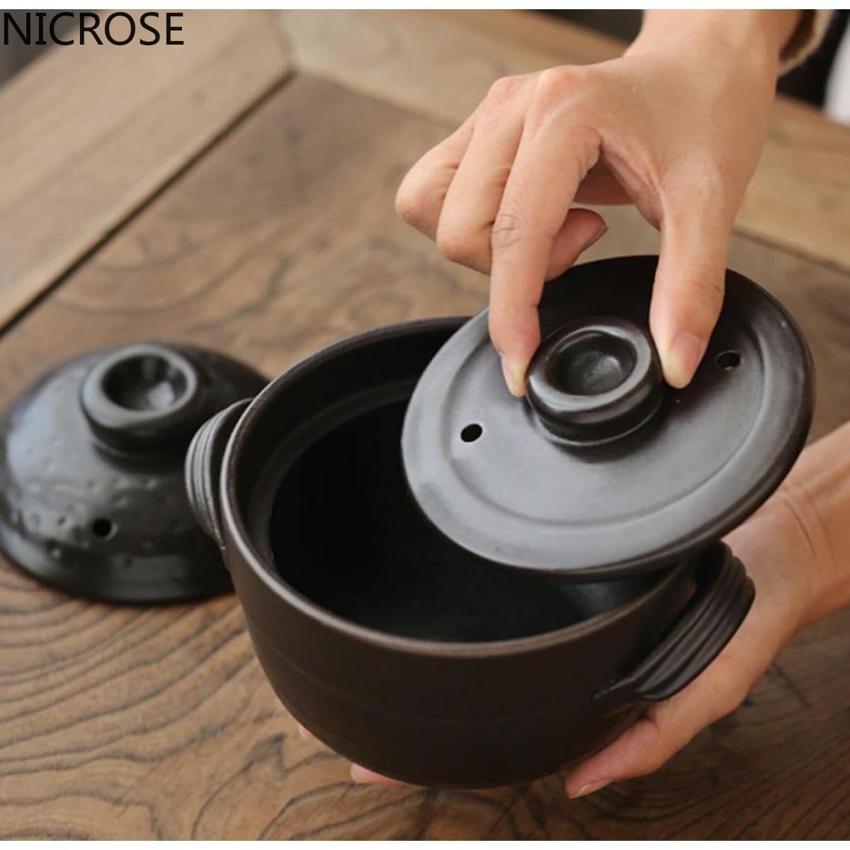 Amazon | NICROSE 炊飯器 二重蓋 萬古焼 黒釉メタル ご飯釜 土鍋 ご飯