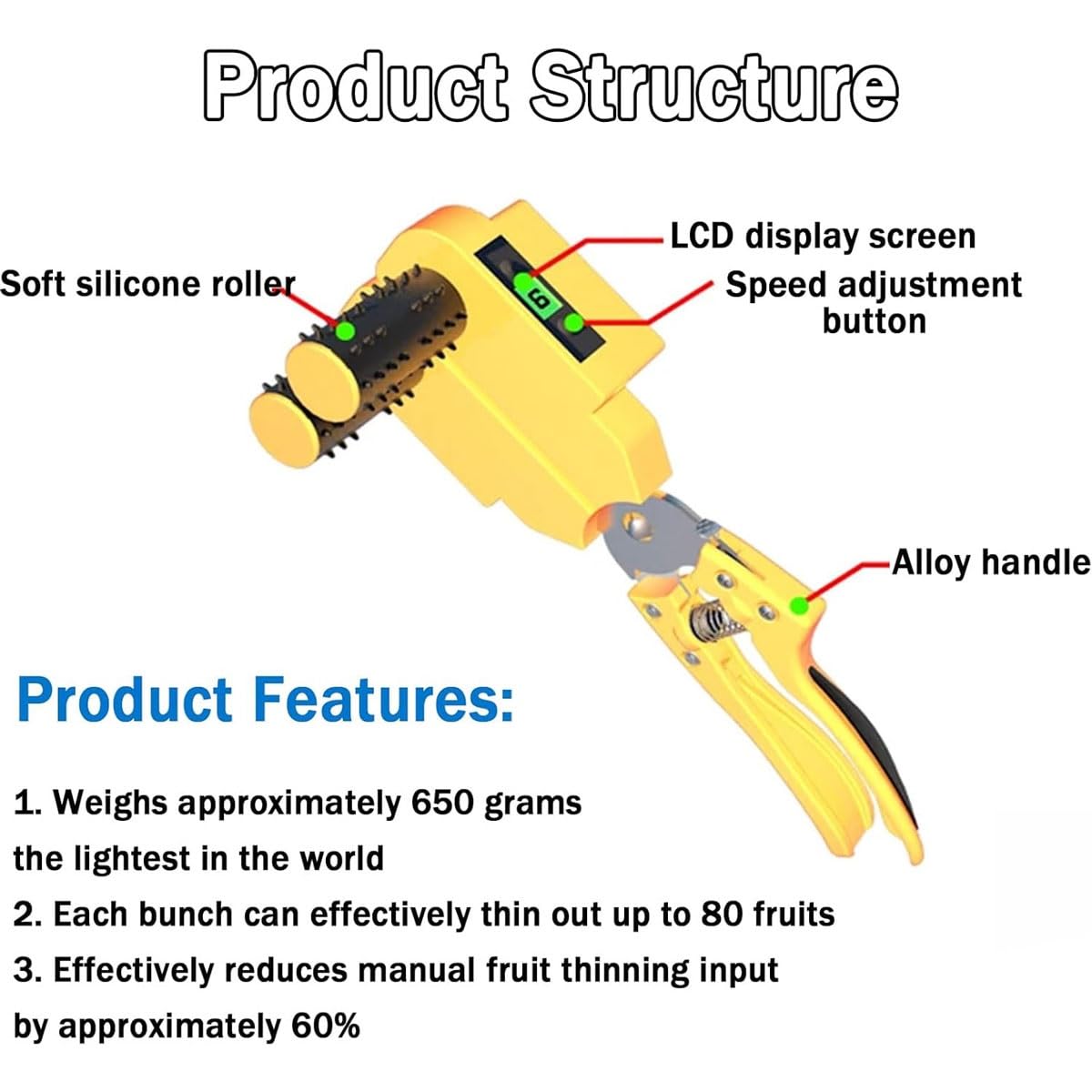 Generico Cesoie elettriche for diradare l'uva, Strumento di diradamento con Clip for potatura Ricaricabile con Schermo LCD, velocità Regolabile, Risparmio di Tempo e Fatica,for vigneto