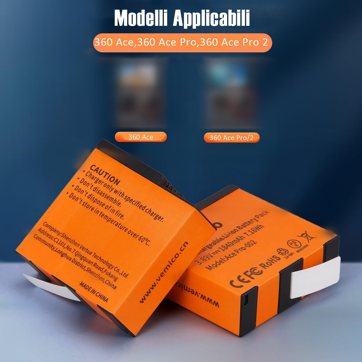 Vemico 360 Ace Pro 2 batterie di ricambio 2 x 1840 mAh Dual Tipo-C Canale caricatore LED con interfaccia di ricarica micro USB per fotocamera / 360 Ace Pro 2/360 Ace / 360 Ace Pro