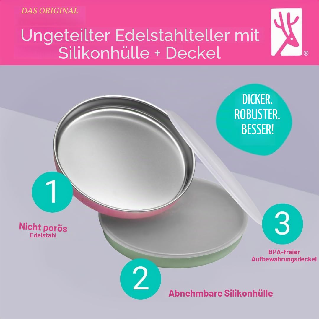 Elk and Friends Kinder 20 cm Edelstahl Teller ohne Unterteilung mit Silikonhülle | Deckel inklusive | Für Babys & Kleinkinder | Spülmaschinenfest | Rutschfest | Ess- & Snackteller | 4er Set
